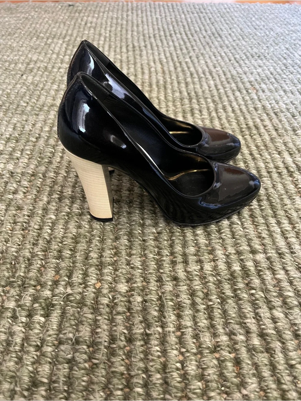 Lanvin Black Patent Leather Round-Toe Pumps with Gold Trim